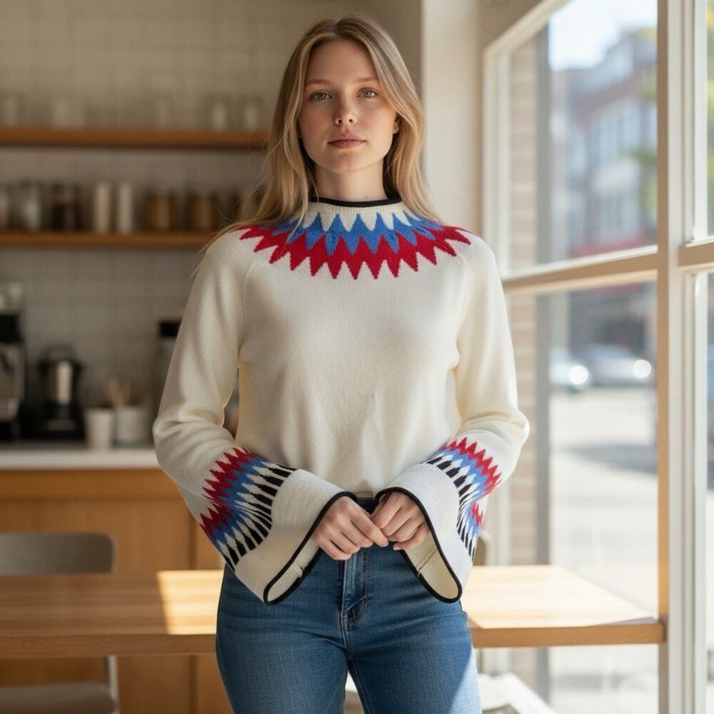 Vtg Sonia Rykiel Paris Wool Sweater Fair Isle Bell Sleeve Designer Sz L FLAW
